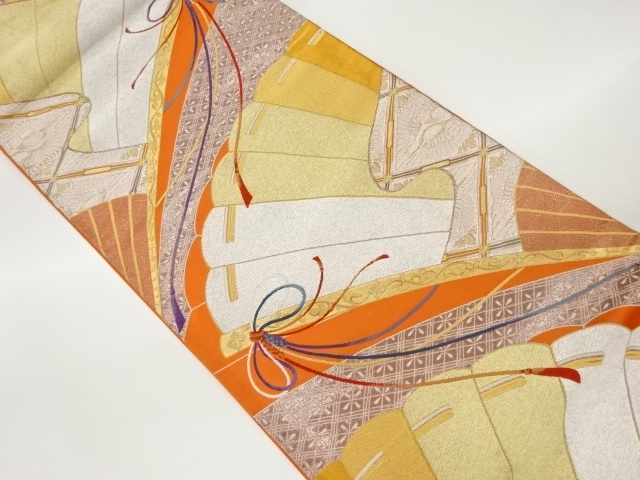 JAPANESE KIMONO / VINTAGE FUKURO OBI / WOVEN FLORAL PLANTS & FOLDING FAN PATTERN